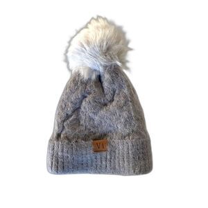 Winter Beanie – Grey Knit with Pompom & Sherpa Lining